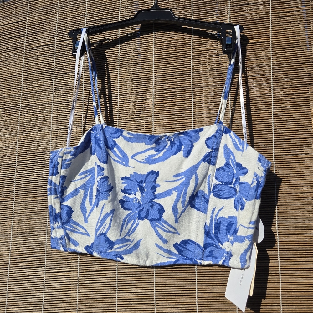 Floral Print Crop Top M Blue/White